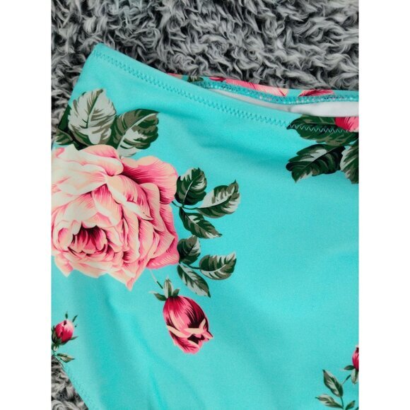 CUPSHE Floral High Rise Swim Bottoms Womens SZ M Roses Light‎ Blue Beach NEW - Picture 11 of 11